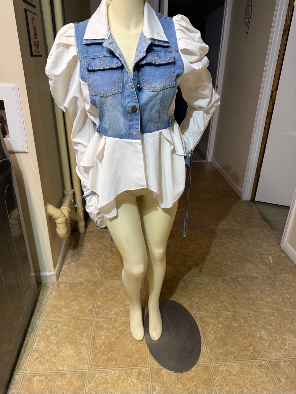 AKIRA Blue Denim and White Peplum Puff-Sleeve Top